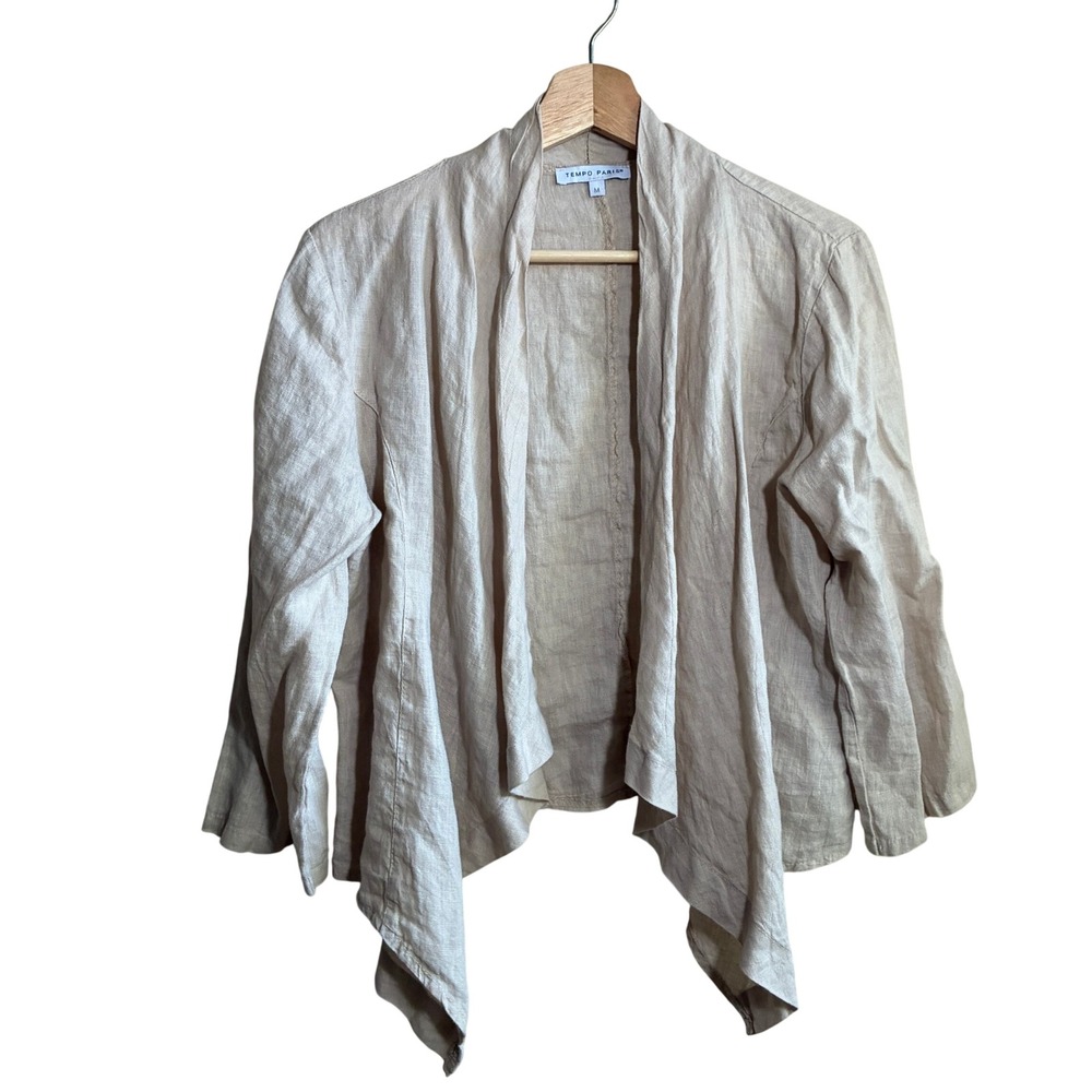 Tempo Paris Draped Open Front Cardigan M Beige Womens 100% Linen Made in Italy